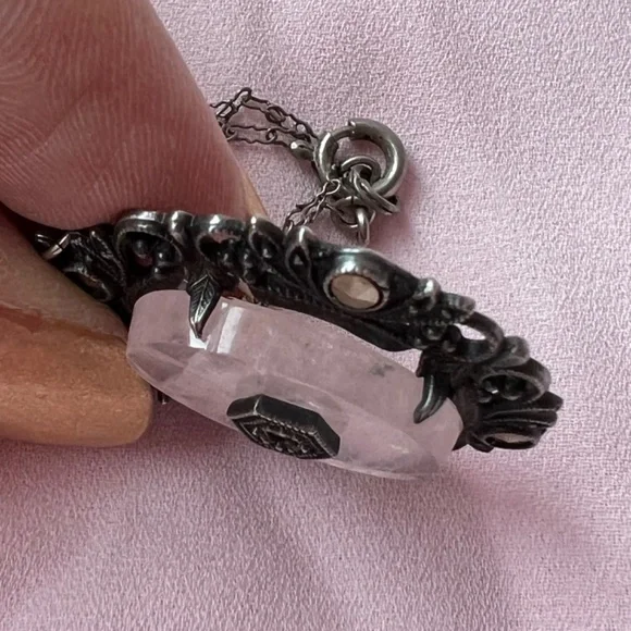 ANTIQUE ROSE QUARTZ MARCASITE STERLING SILVER NECKLACE PENDANT W/CHAIN GERMANY